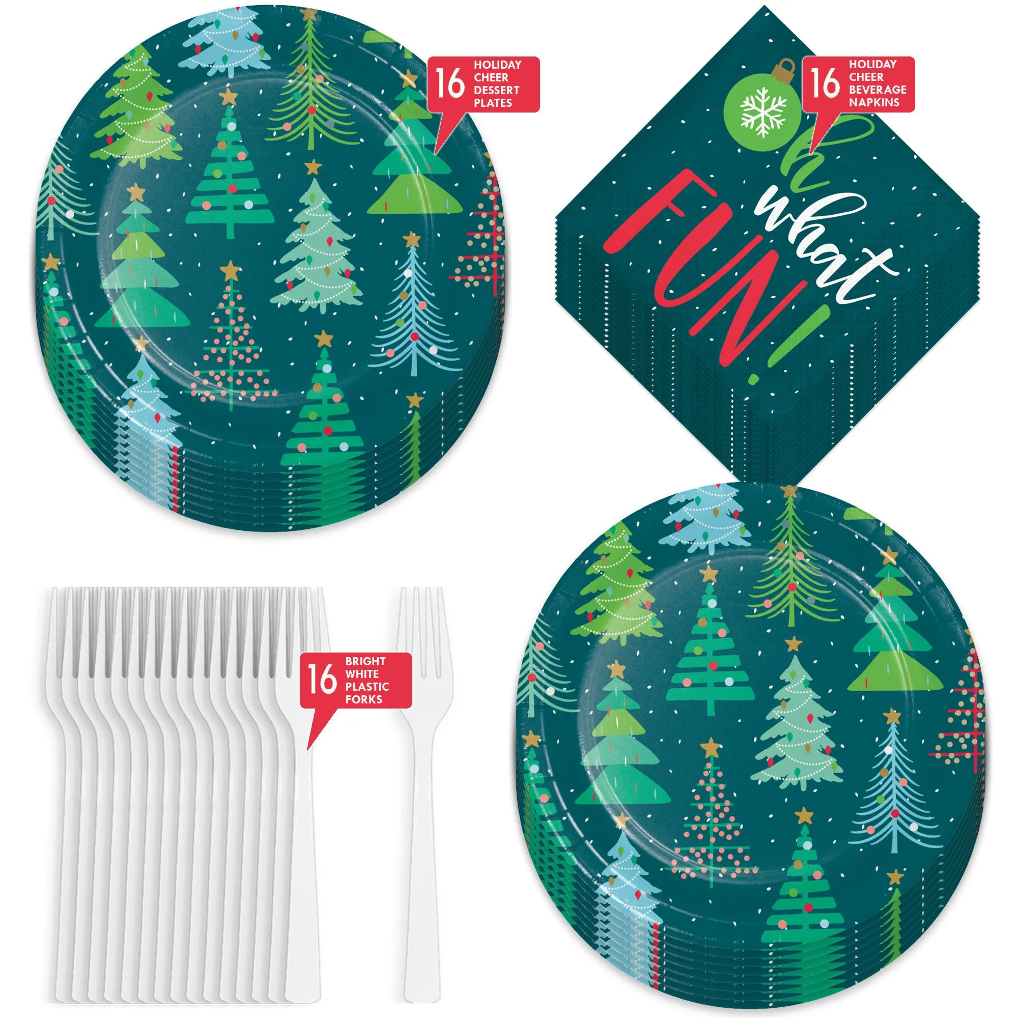 Colorful Holiday Cheer Christmas Tree Paper Dessert Party Plates, Napkins, and Forks (Serves 16)