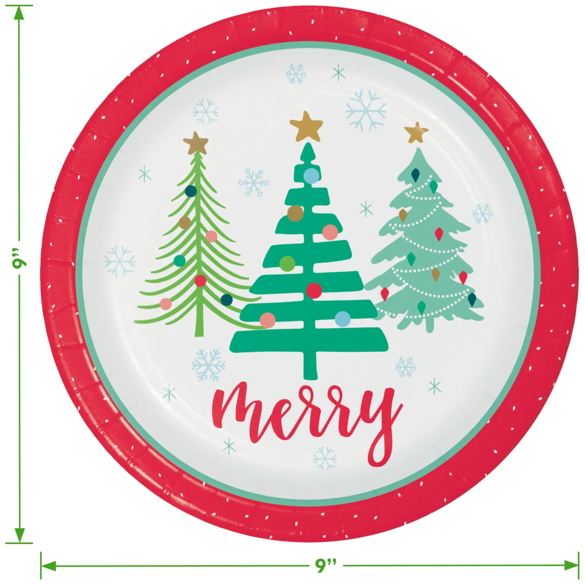 Colorful Holiday Cheer Christmas Tree Paper Dinner Party Plates, Lunch Napkins, and Forks (Serves 16)