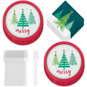 Colorful Holiday Cheer Christmas Tree Paper Dinner Party Plates, Lunch Napkins, and Forks (Serves 16)