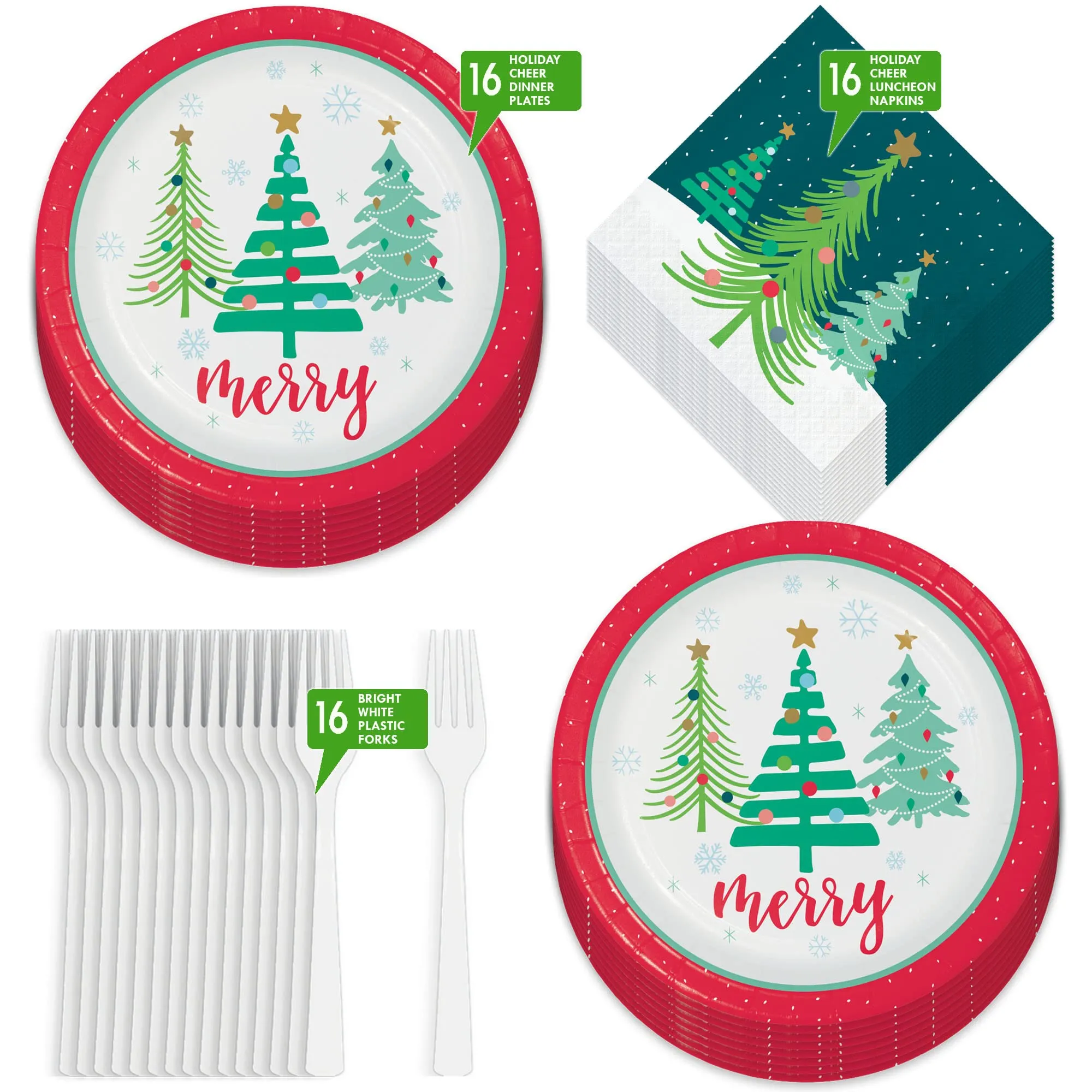 Colorful Holiday Cheer Christmas Tree Paper Dinner Party Plates, Lunch Napkins, and Forks (Serves 16)