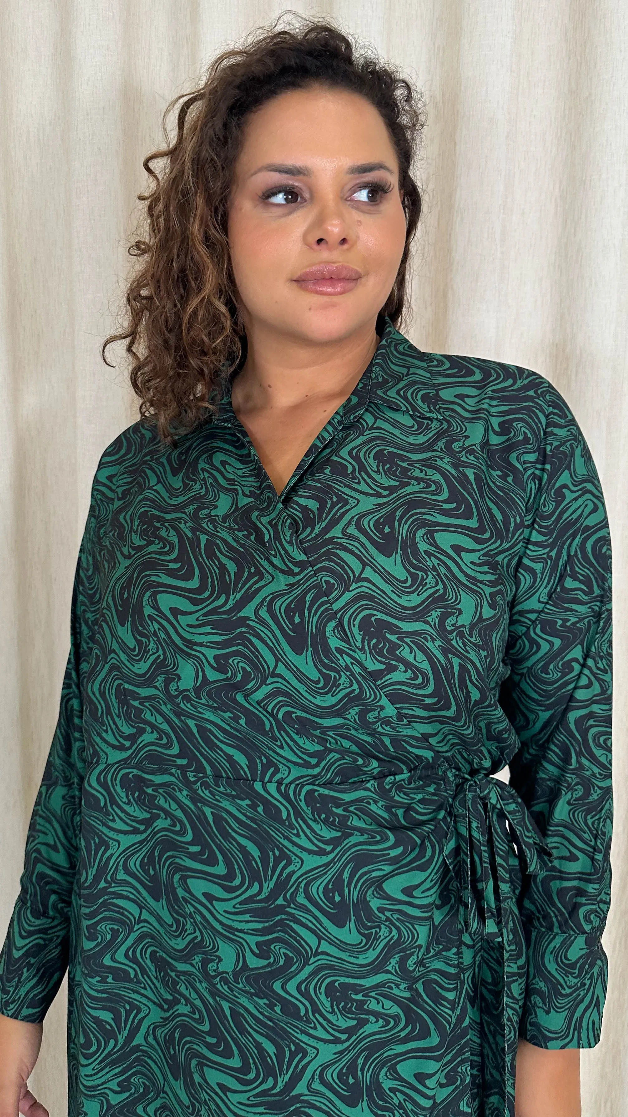 CurveWow Midi Wrap Shirt Dress Black & Green Swirl