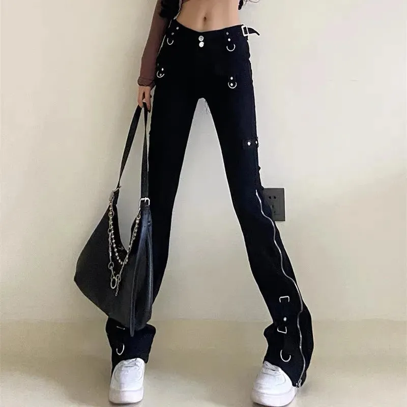 Dark Zipper Streetwear Flare Halloween Y2K Slim Ankle Pants