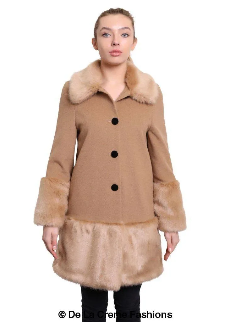 De La Creme - Womens Faux Fur Trim Wool Mix Coat