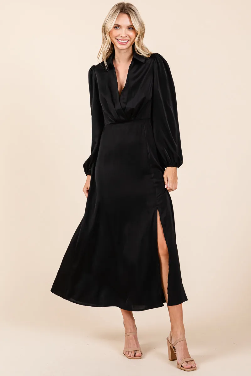 Deep V Neck Collared Split Satin Midi Wrap Dress