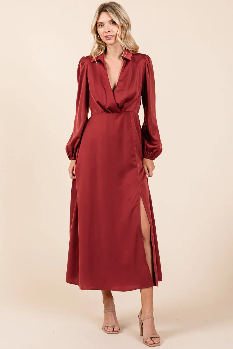 Deep V Neck Collared Split Satin Midi Wrap Dress