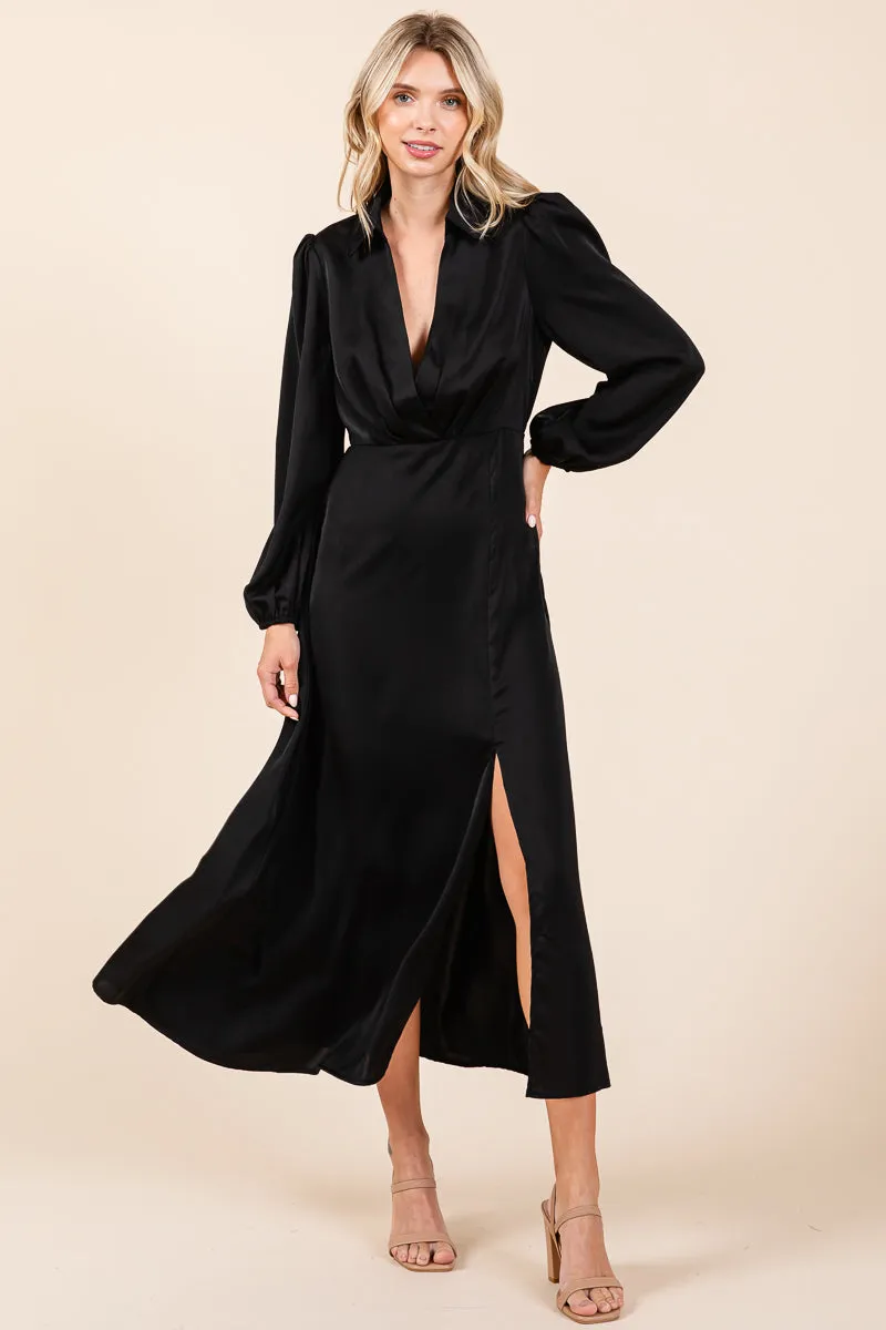 Deep V Neck Collared Split Satin Midi Wrap Dress