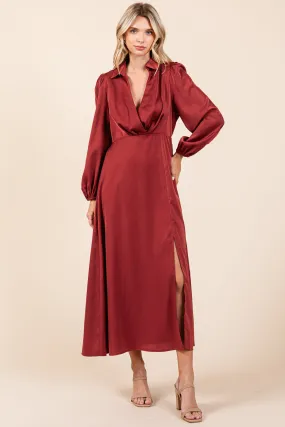 Deep V Neck Collared Split Satin Midi Wrap Dress