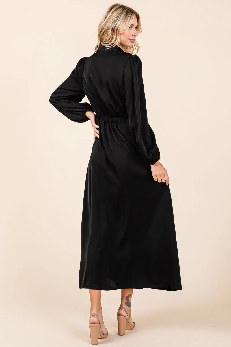 Deep V Neck Collared Split Satin Midi Wrap Dress