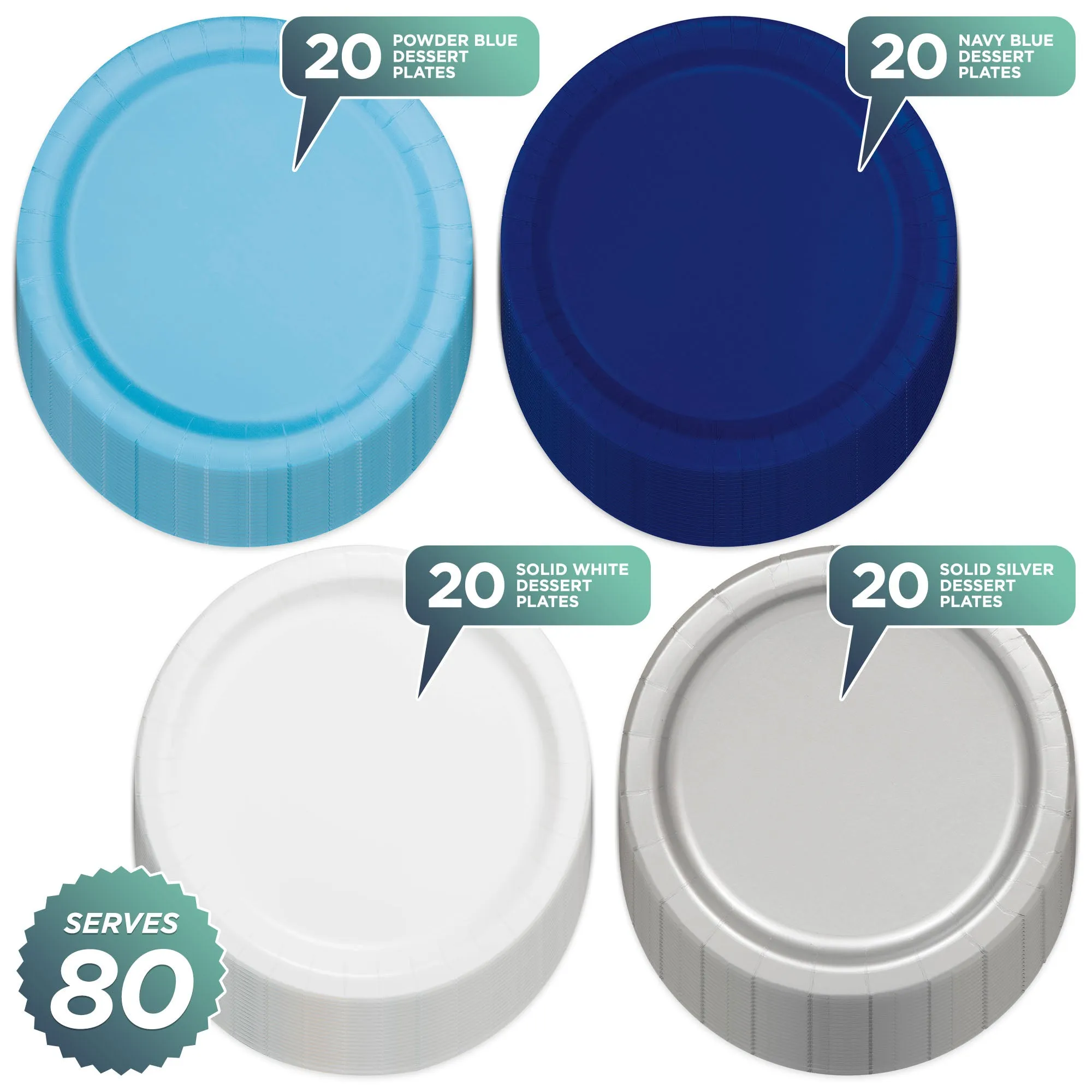 Disposable Round 7" Paper Plates in Powder Blue, Navy, White, & Silver (20ct of Each)