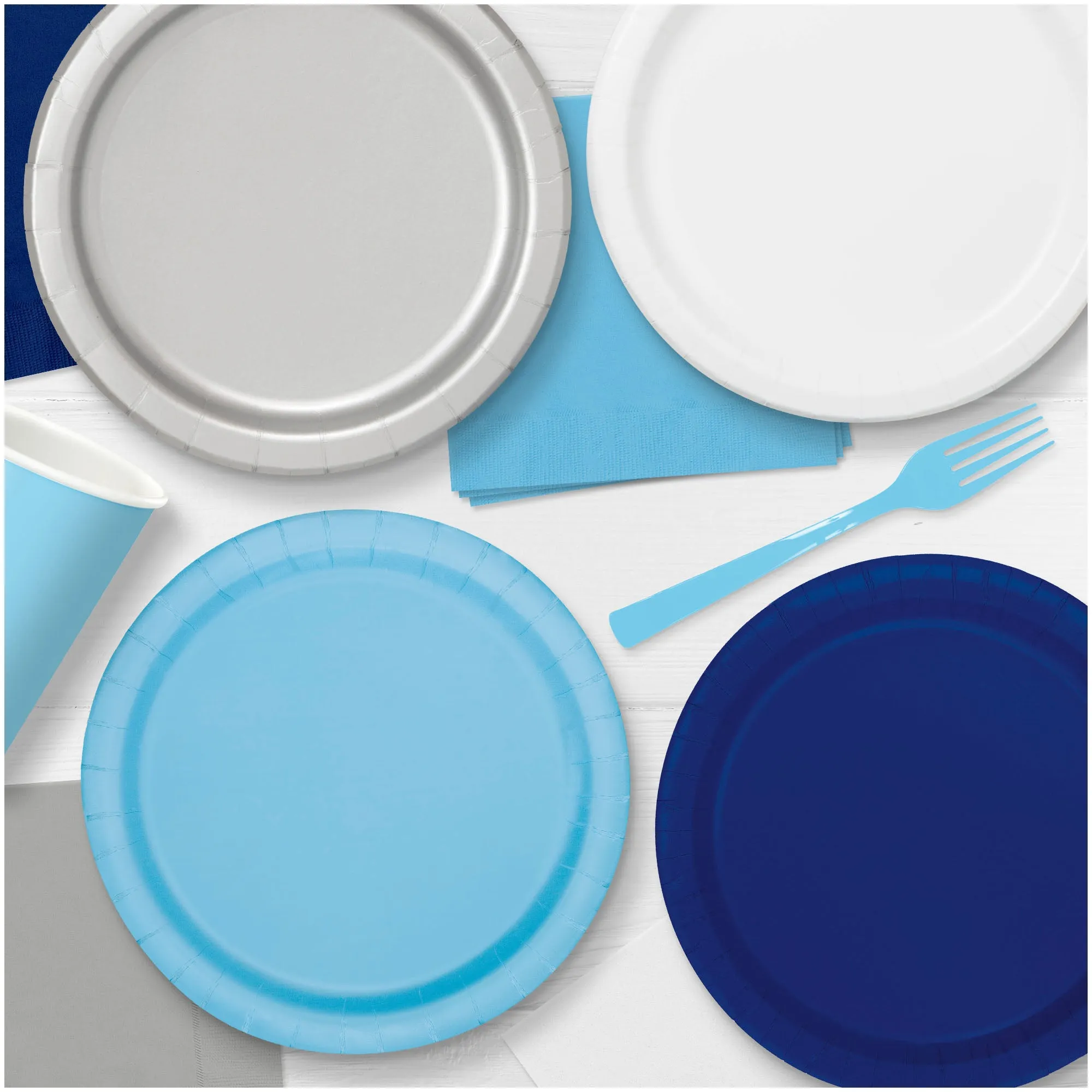 Disposable Round 7" Paper Plates in Powder Blue, Navy, White, & Silver (20ct of Each)