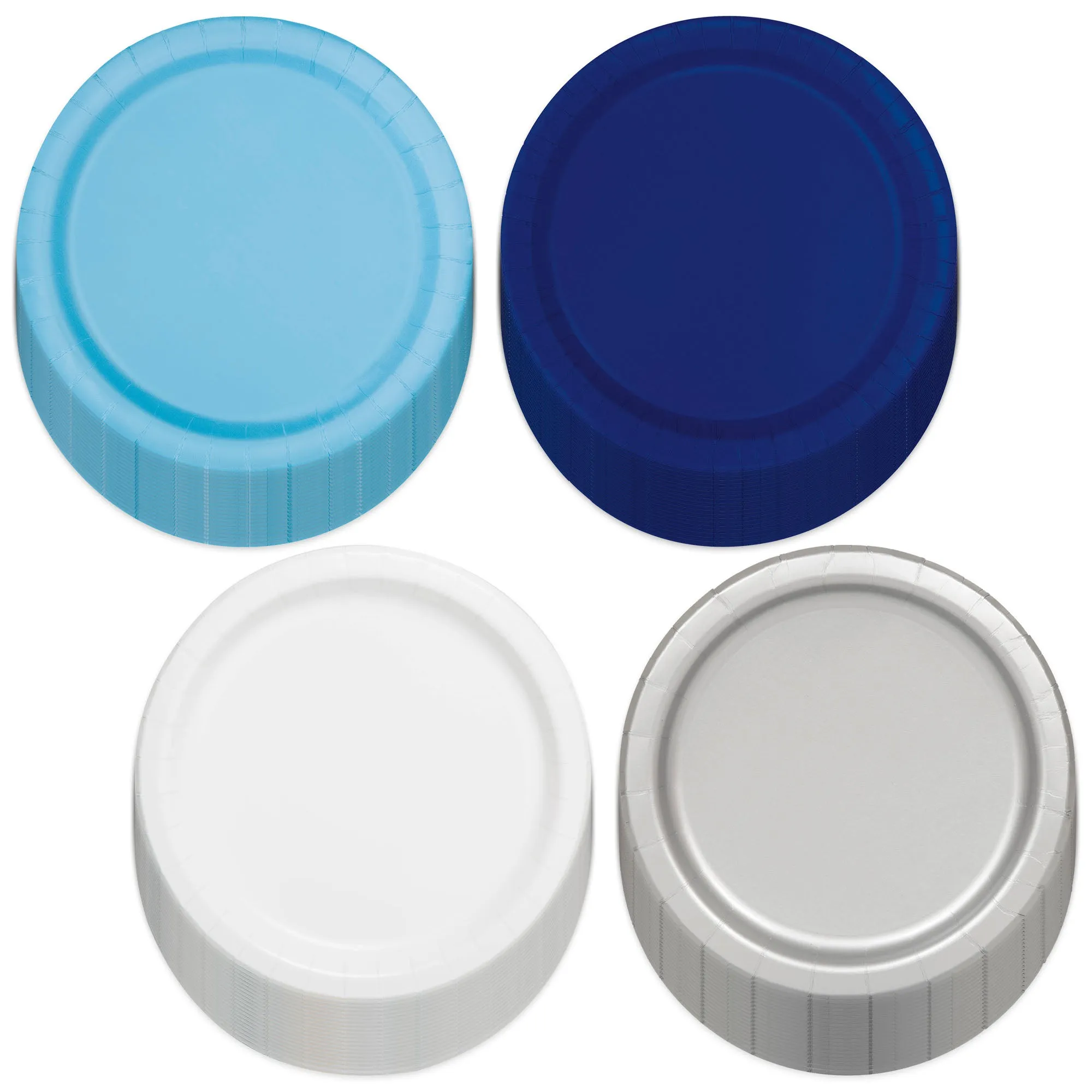 Disposable Round 7" Paper Plates in Powder Blue, Navy, White, & Silver (20ct of Each)