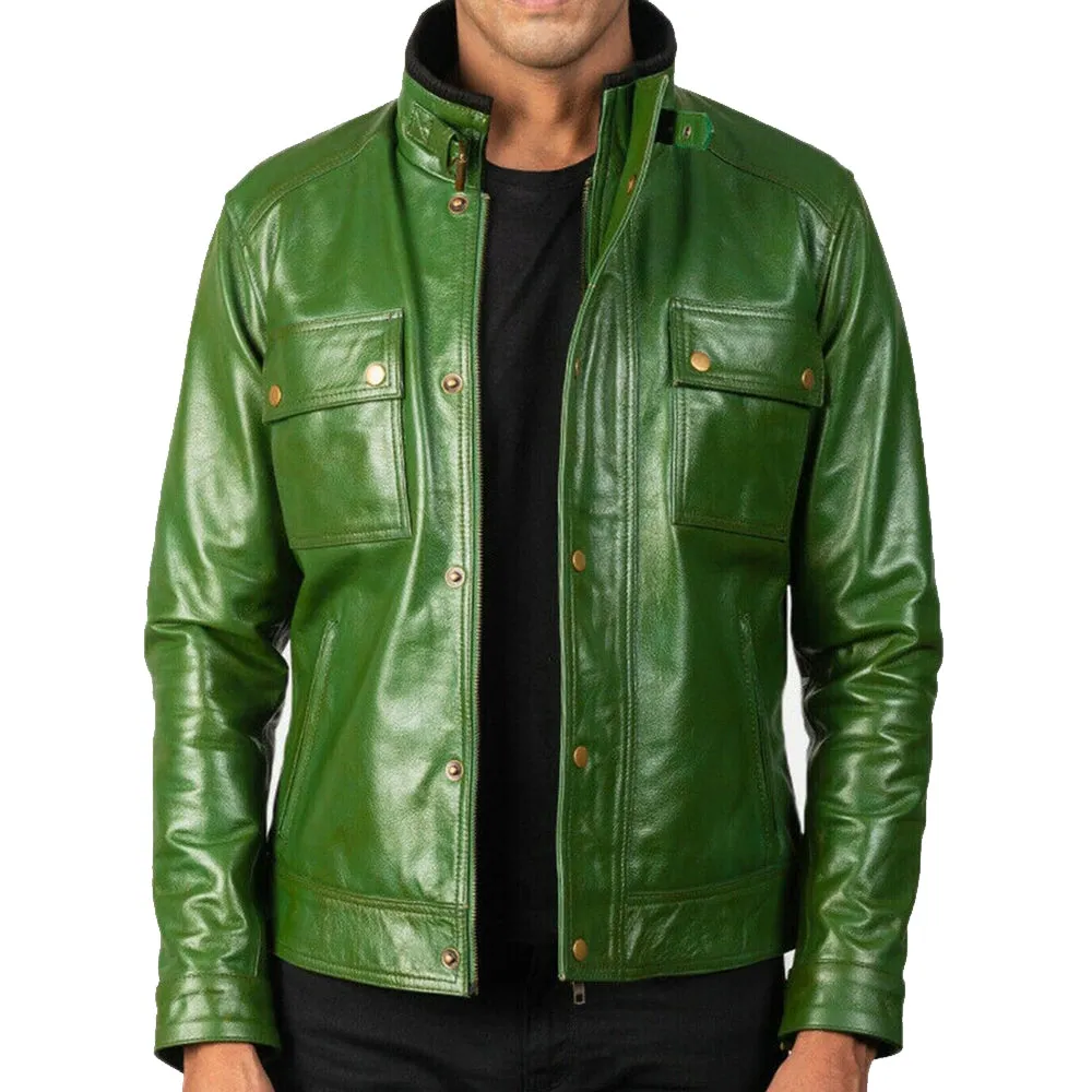 Distressed Green Leather Biker jacket