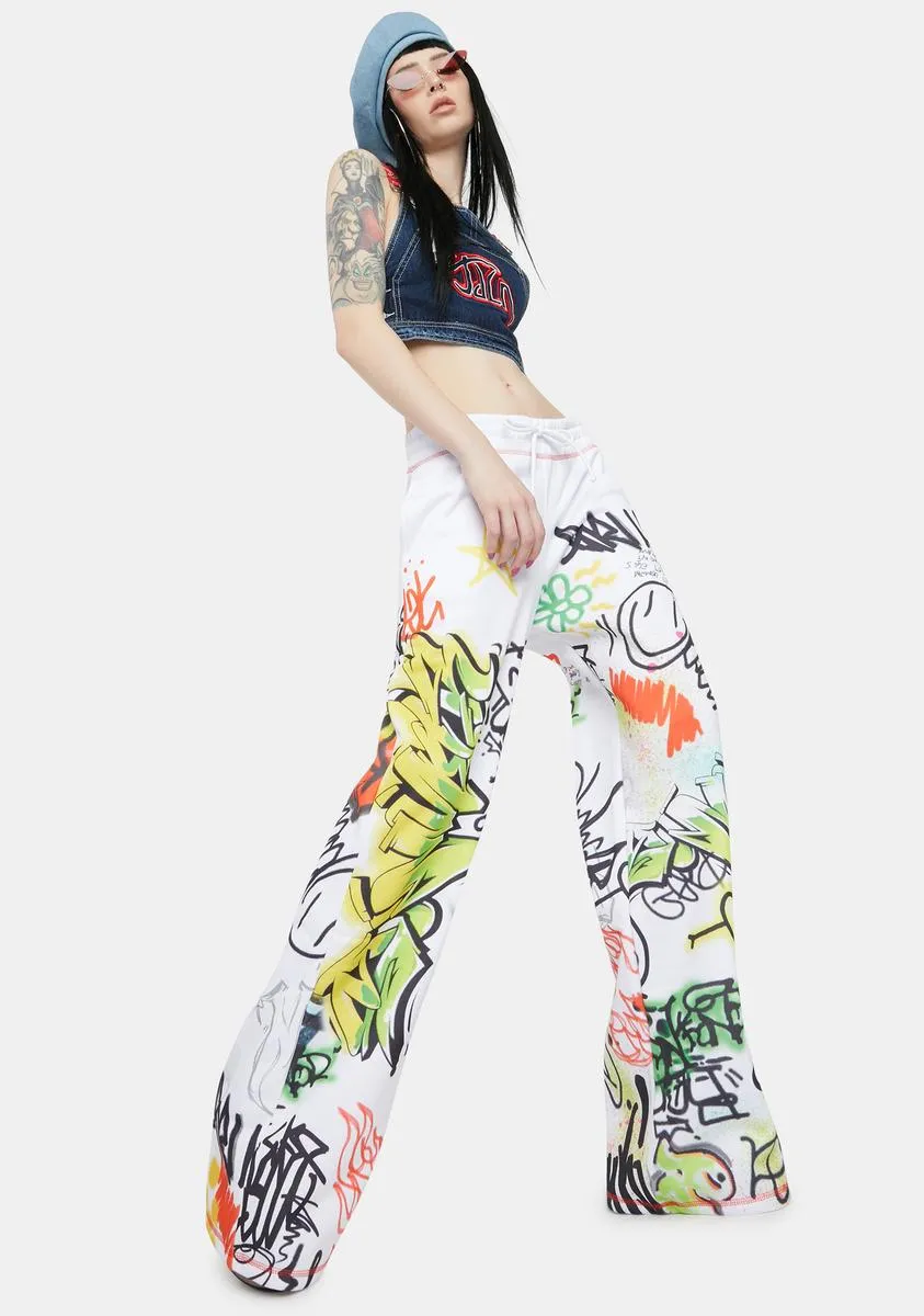 Doodle Graffiti Print Wide Leg Sweatpants