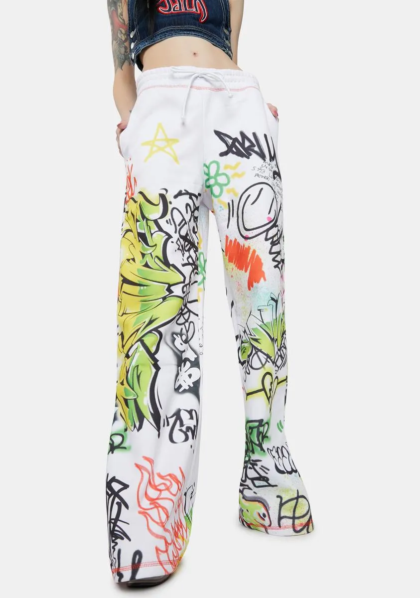 Doodle Graffiti Print Wide Leg Sweatpants