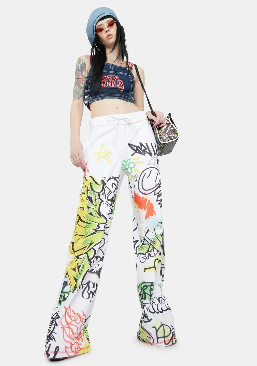 Doodle Graffiti Print Wide Leg Sweatpants