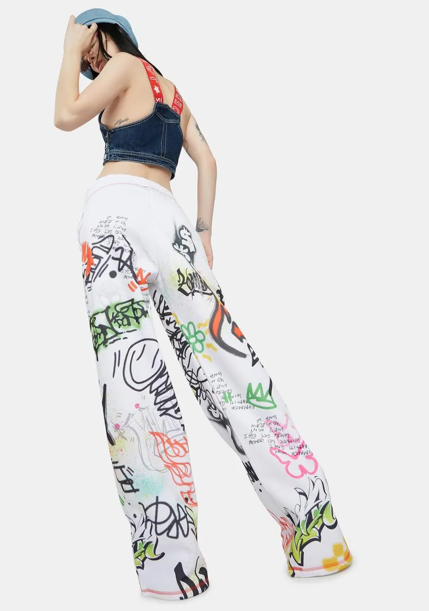 Doodle Graffiti Print Wide Leg Sweatpants