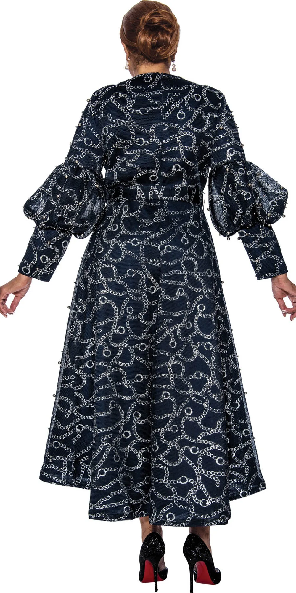 Dorinda Clark Cole - 5231 - Navy Silver - Faux Wrap Print Dress