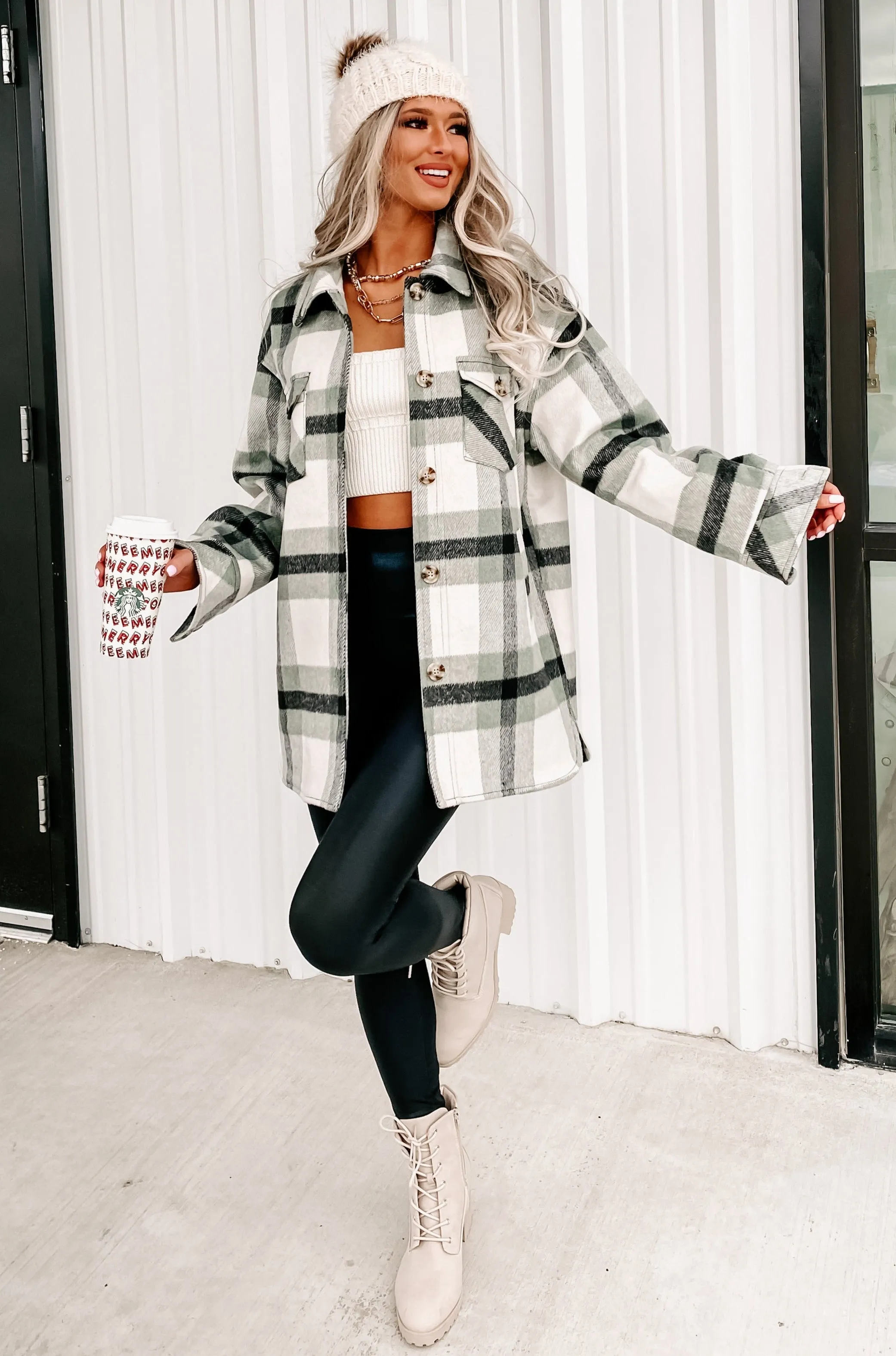 Downtown Walks Oversized Plaid Coat (Green)