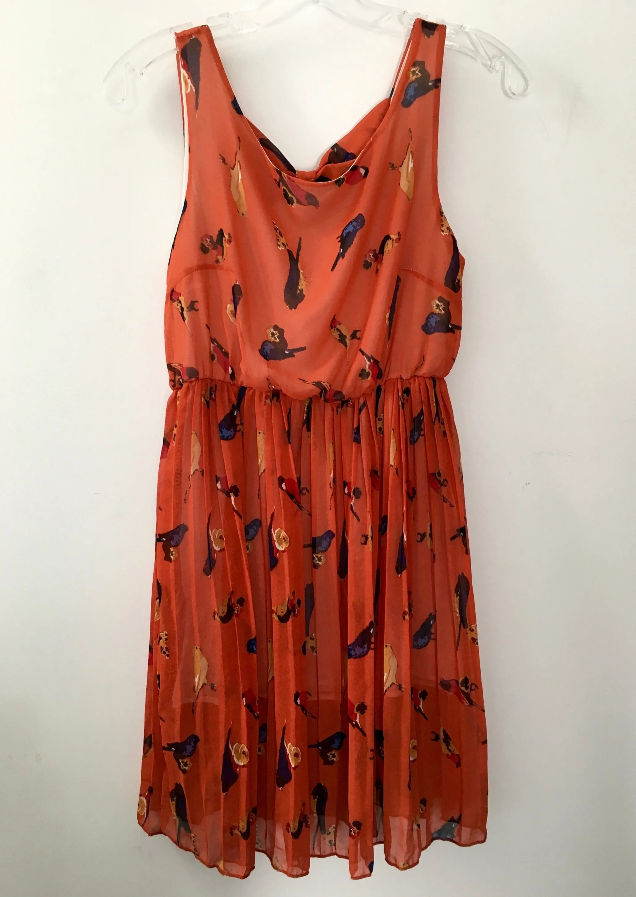 DRESS Women's orange chiffon bird print sleeveless pleated dress, S/M