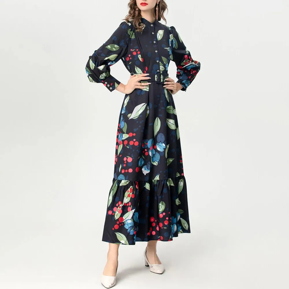 Elegant Printing A Line Dresses For Women Stand Collar Long Sleeve High Waist Spliced Single Breasted Slimming Derss Female