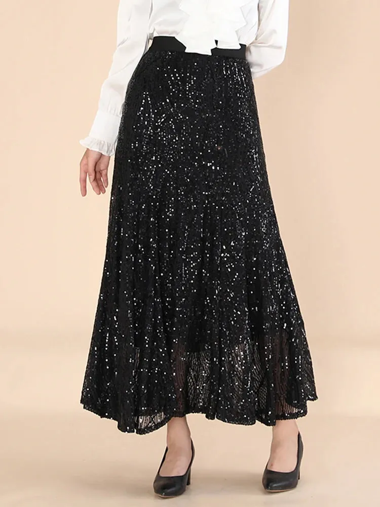 Elegant Spliced Sequins Skirts For Women High Waist Patchwork Folds Temperament Slimming Skirt Female Fashion Style