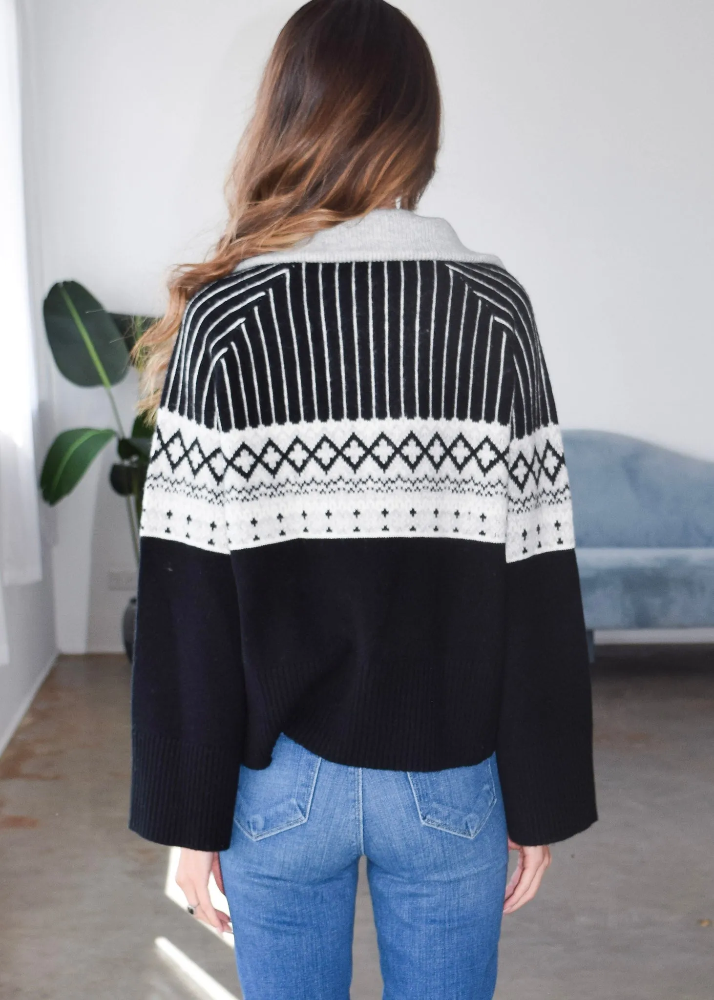 Fair Isle Zip Neck Sweater Black