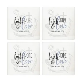 Faith Hope Love White 4 x 4 Absorbent Ceramic Square Coasters Pack of 4