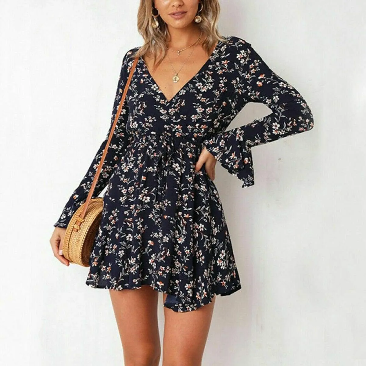 FashionSierra - Women Summer Boho Floral Long Sleeve Wrap Dress