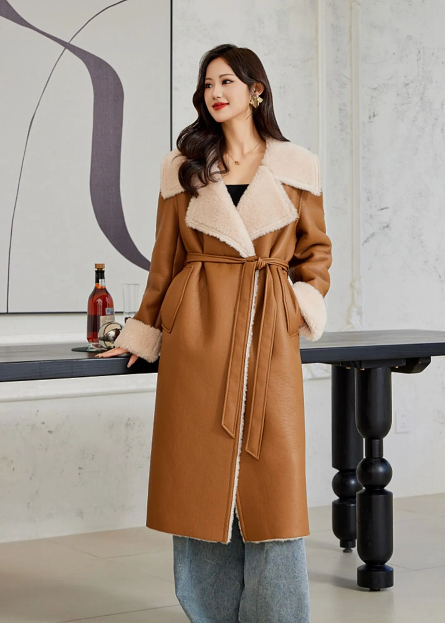 Faux Leather Wool Fur Single Breasted Long Coat