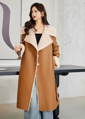 Faux Leather Wool Fur Single Breasted Long Coat