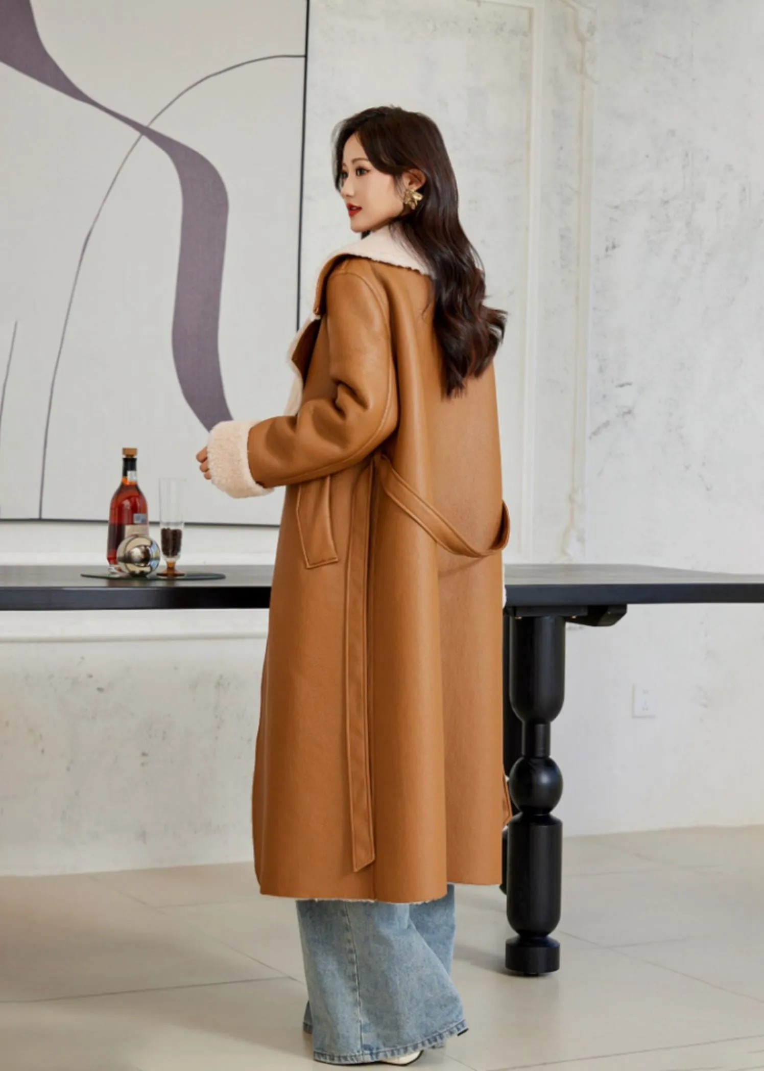 Faux Leather Wool Fur Single Breasted Long Coat