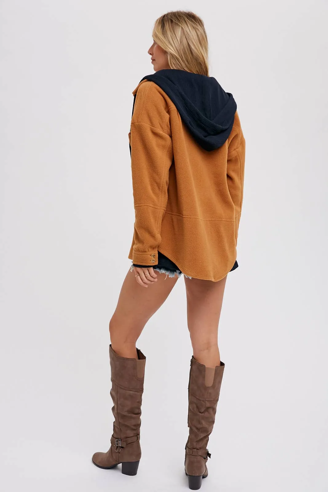 FLEECE HOODIE SHACKET: CAMEL / S