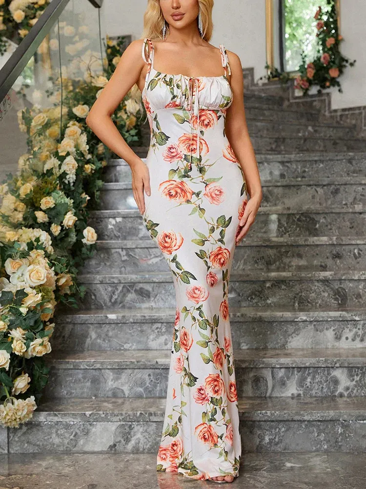 Floral Backless Bandage Maxi Dress with Spaghetti Straps