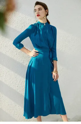 Flowy lake blue high neck 1940s vintage retro inspired fau  midi wrap dress - Kenji