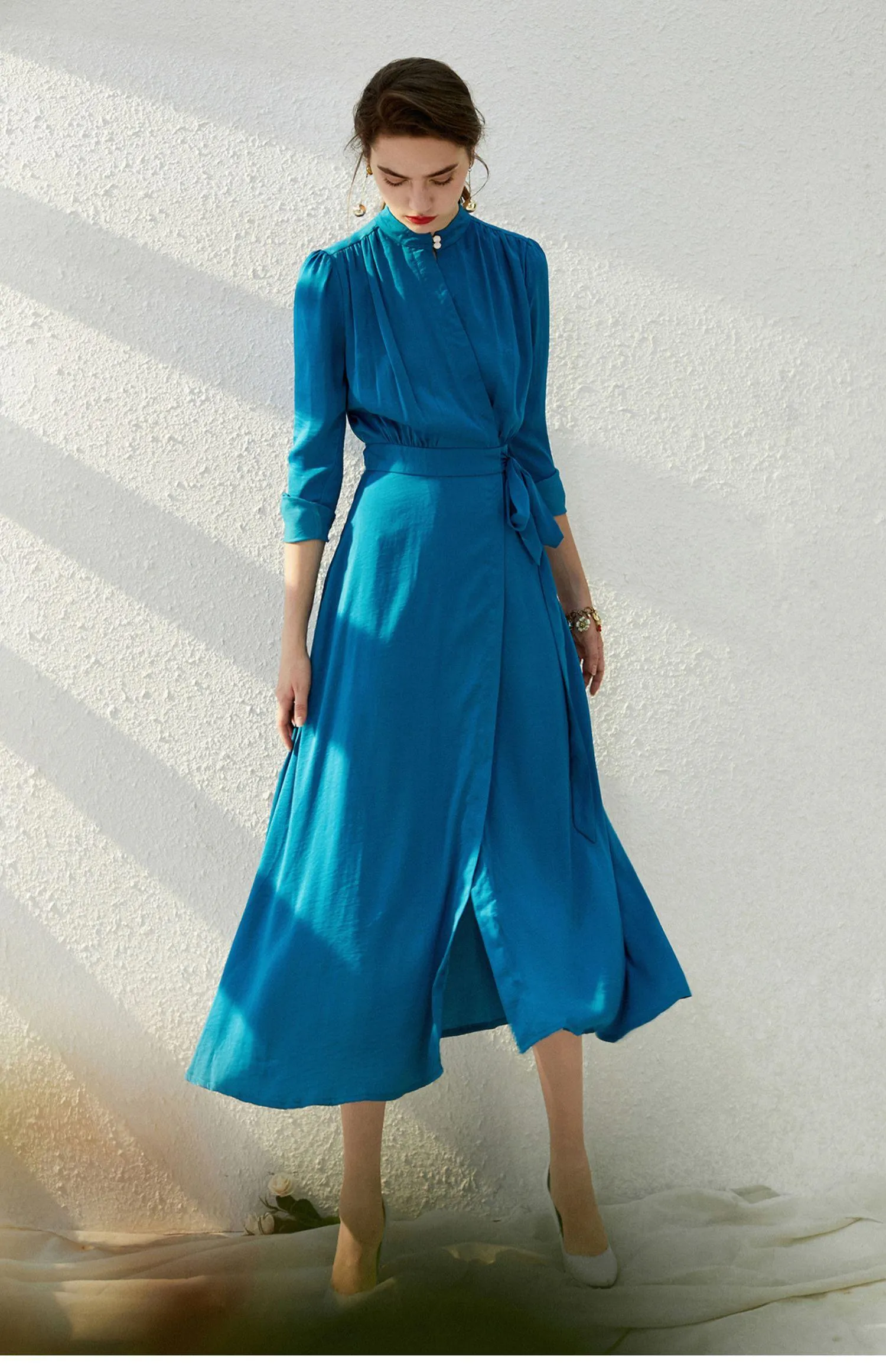 Flowy lake blue high neck 1940s vintage retro inspired fau  midi wrap dress - Kenji