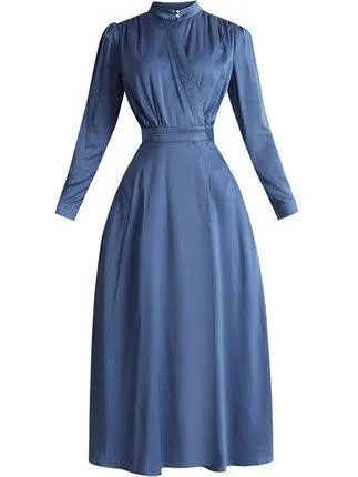 Flowy lake blue high neck 1940s vintage retro inspired fau  midi wrap dress - Kenji