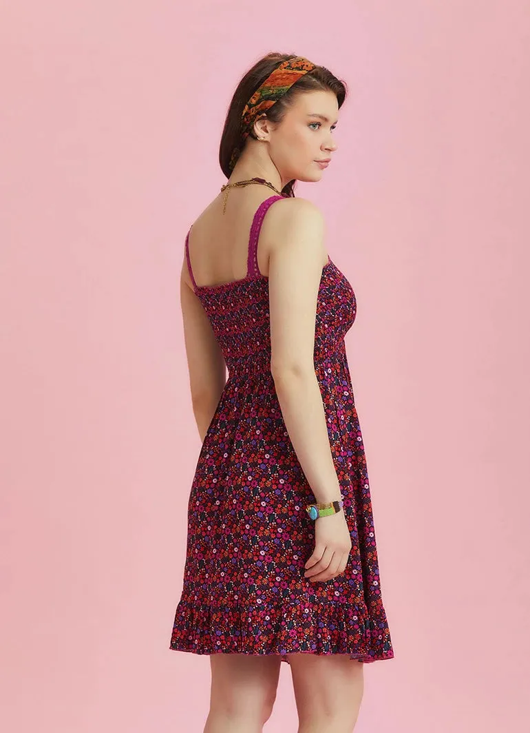 Fuchsia Floral Summer Dress with Lace Collar Straps