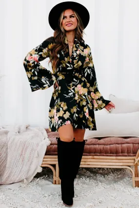 Garden Goals Floral Flared Sleeve Wrap Dress (Black Floral)