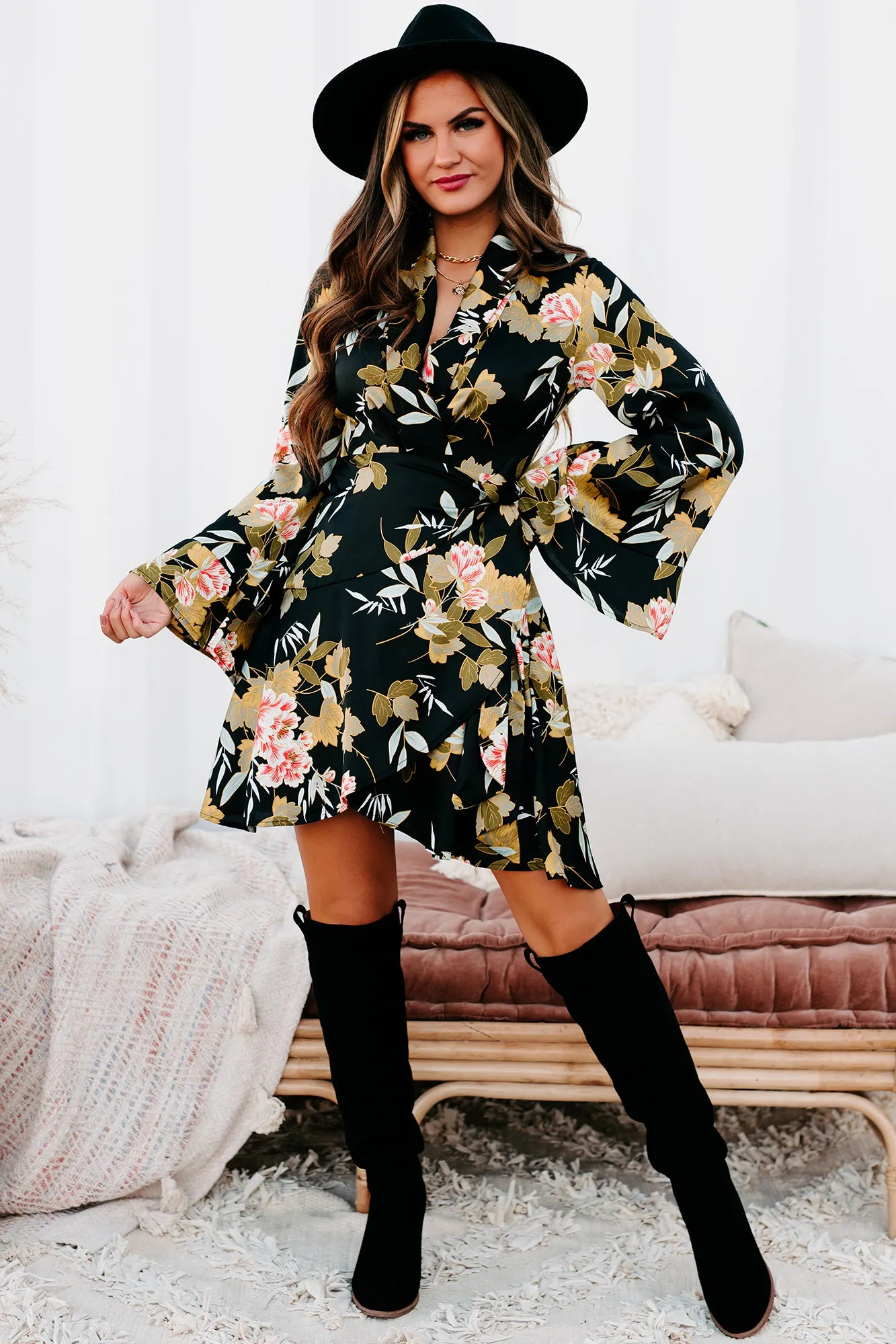 Garden Goals Floral Flared Sleeve Wrap Dress (Black Floral)