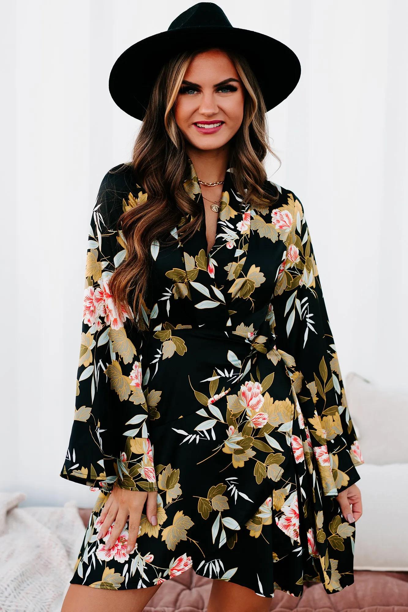 Garden Goals Floral Flared Sleeve Wrap Dress (Black Floral)