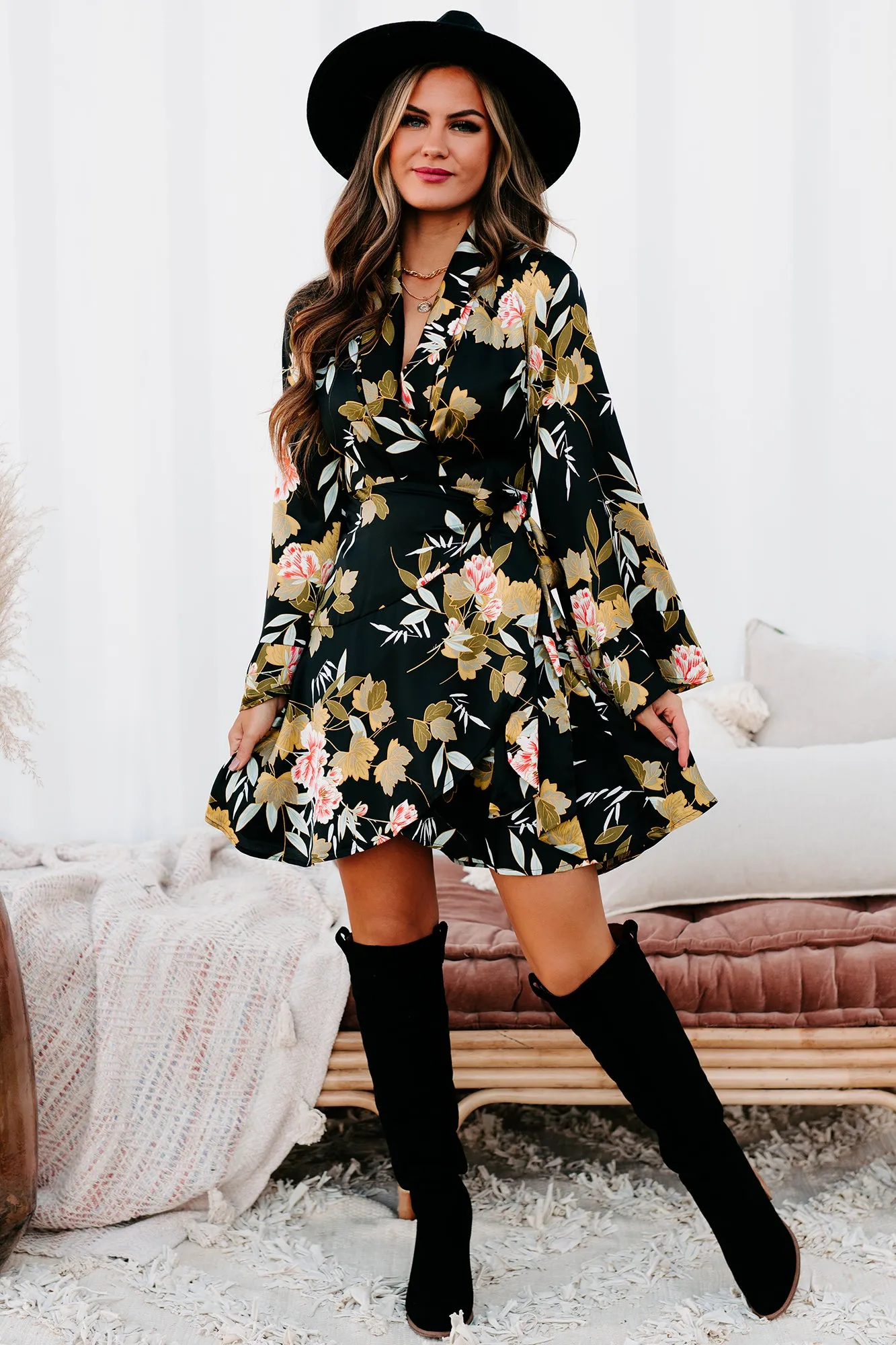 Garden Goals Floral Flared Sleeve Wrap Dress (Black Floral)