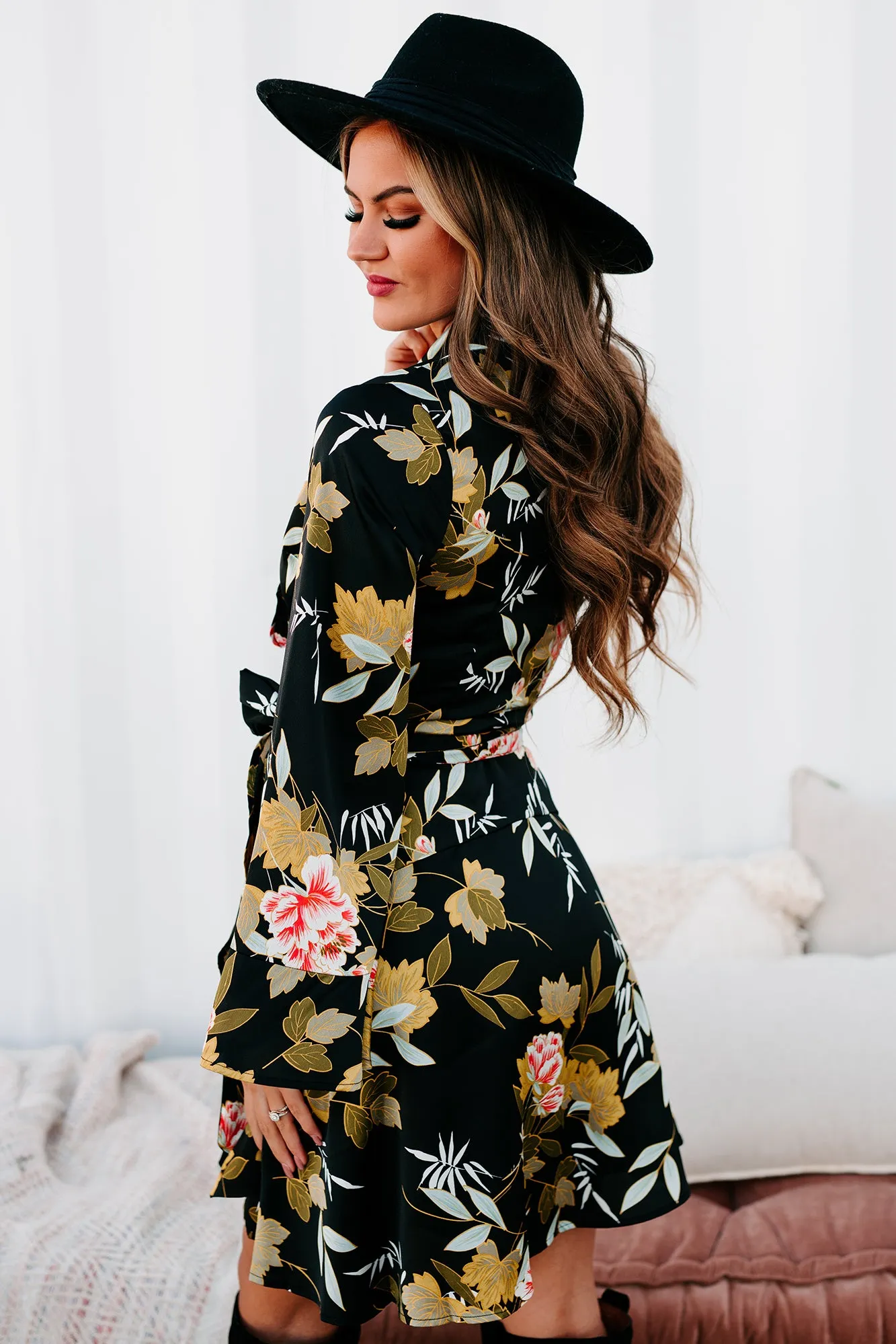 Garden Goals Floral Flared Sleeve Wrap Dress (Black Floral)