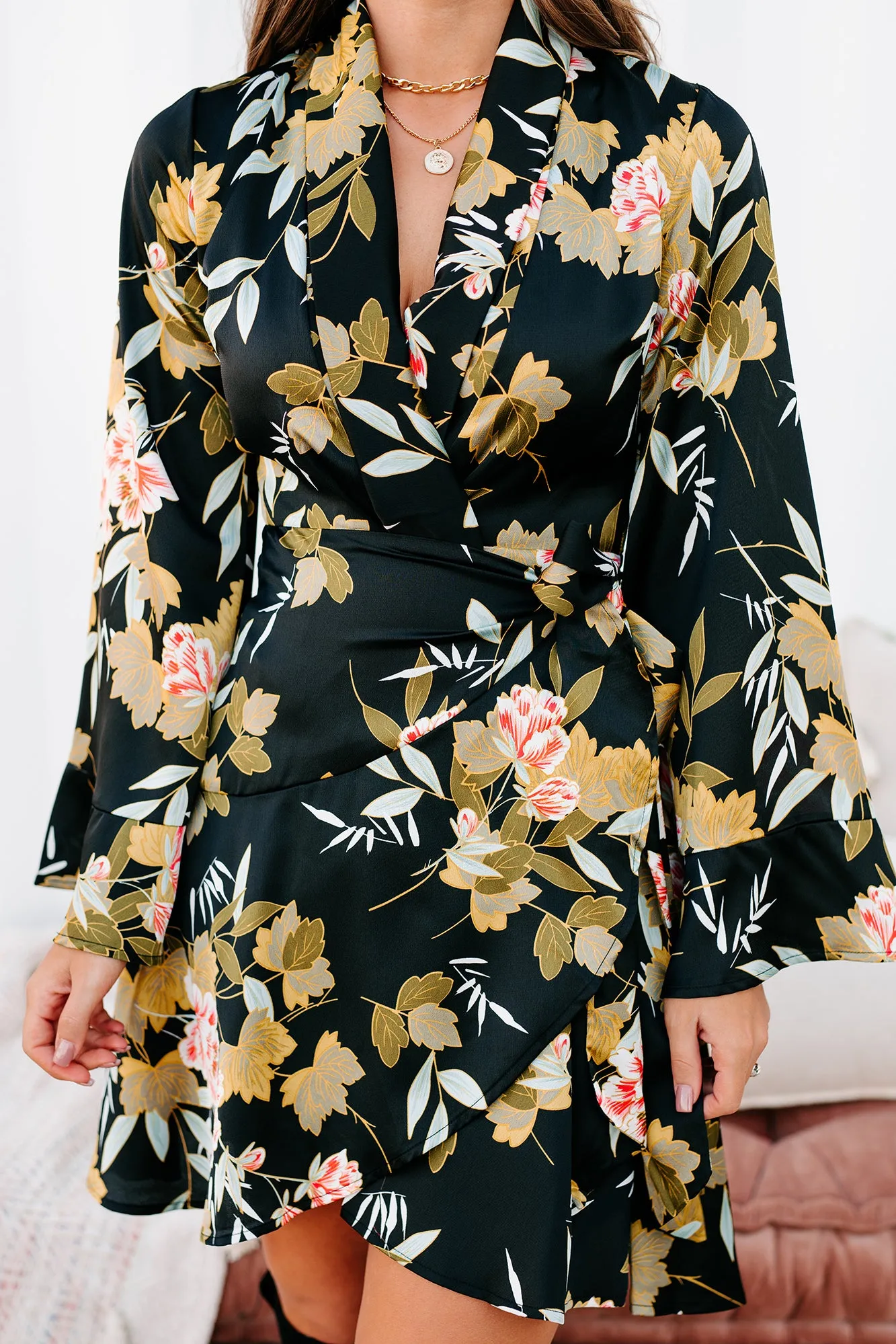 Garden Goals Floral Flared Sleeve Wrap Dress (Black Floral)