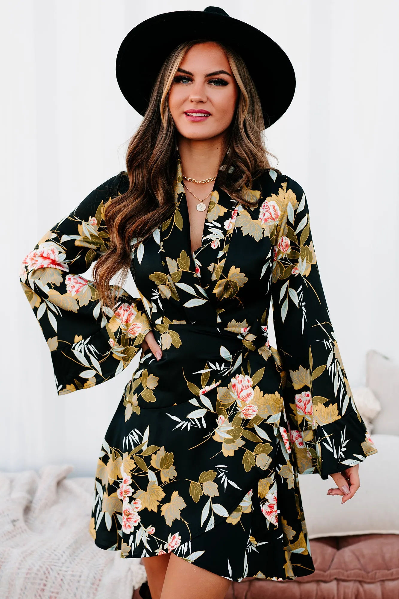 Garden Goals Floral Flared Sleeve Wrap Dress (Black Floral)