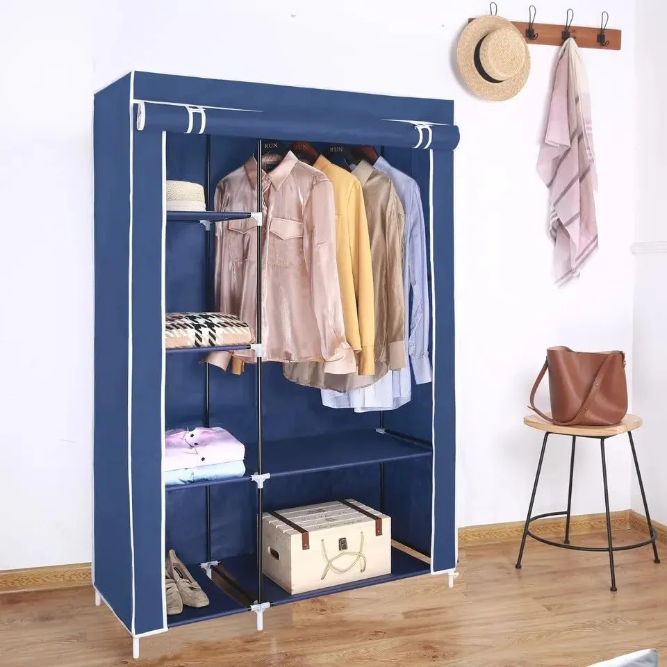 Generic Canvas Wardrobe Organizer Clothes Rail Shelves Storage Closet Double Short (Blue), 55-56-57-58A