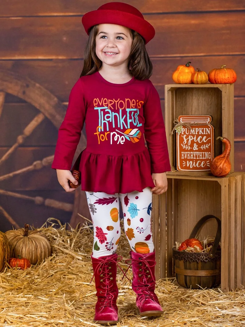 Girls "Everyone is Thankful for Me" Long Sleeve Peplum Tunic And Leaves Print Leggings