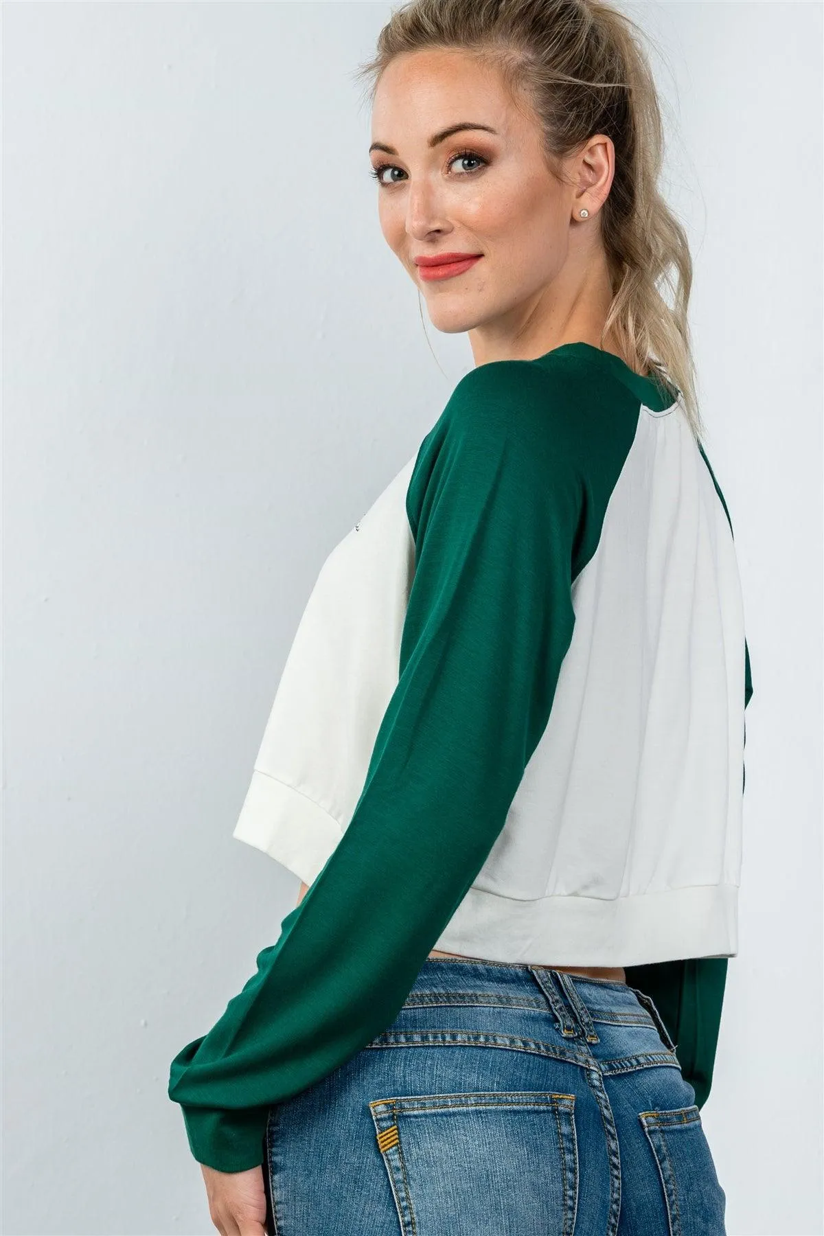 Green Color Block Long Sleeve Cropped Pullover Sweatshirt / 3-2-1