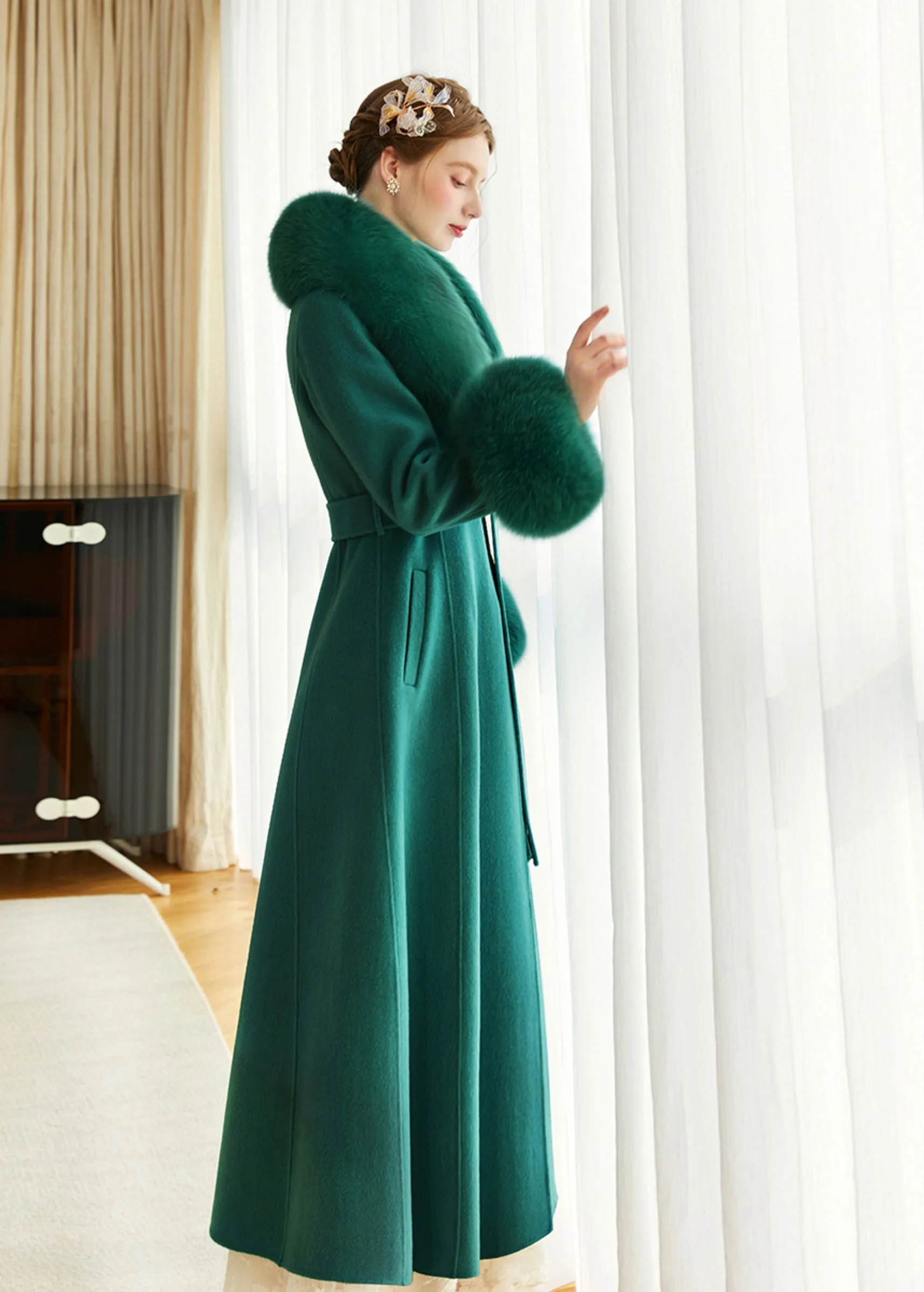 Green Fox Fur Collar Wool Cashmere Belted Long Coat