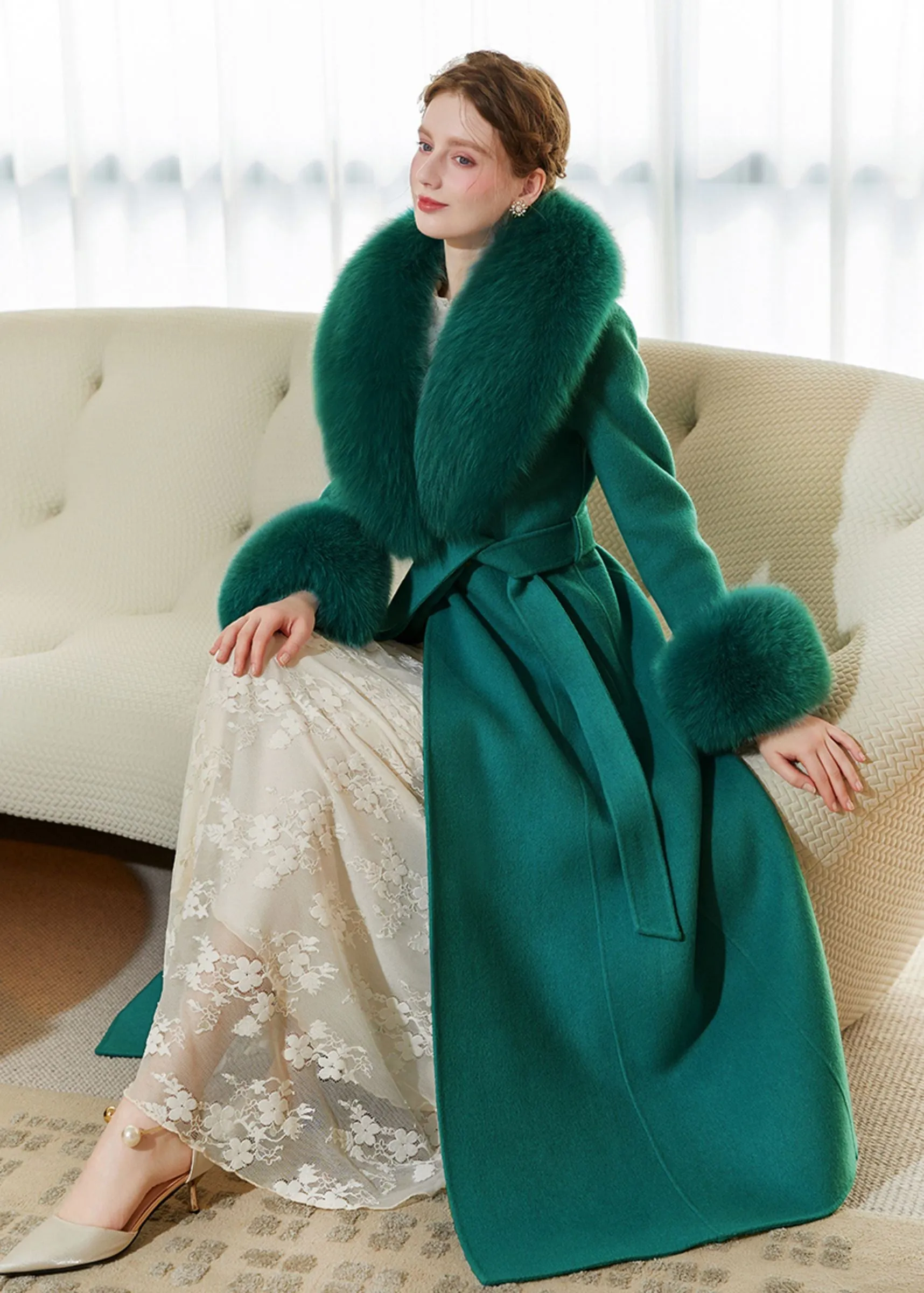 Green Fox Fur Collar Wool Cashmere Belted Long Coat