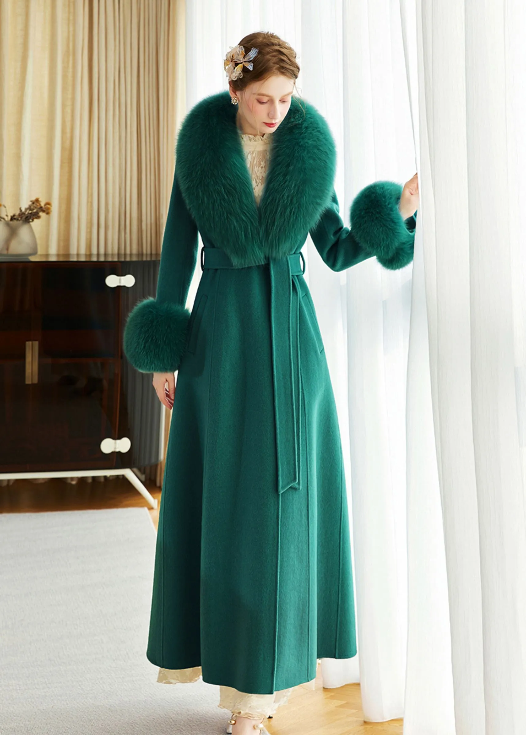 Green Fox Fur Collar Wool Cashmere Belted Long Coat